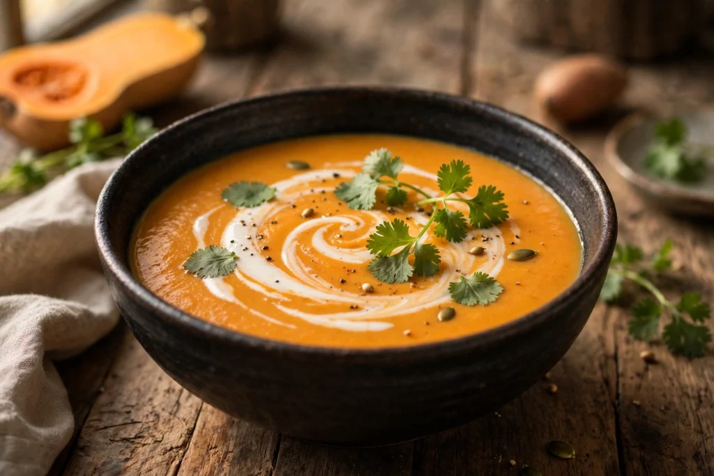 Velouté butternut patate douce au lait de coco servi en bol