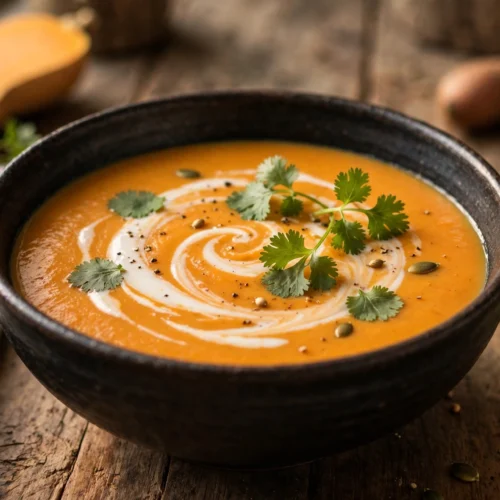 Velouté butternut patate douce au lait de coco servi en bol
