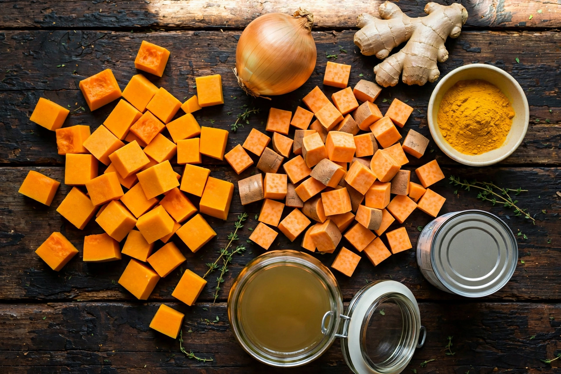 Ingrédients de la recette de soupe butternut patate douce