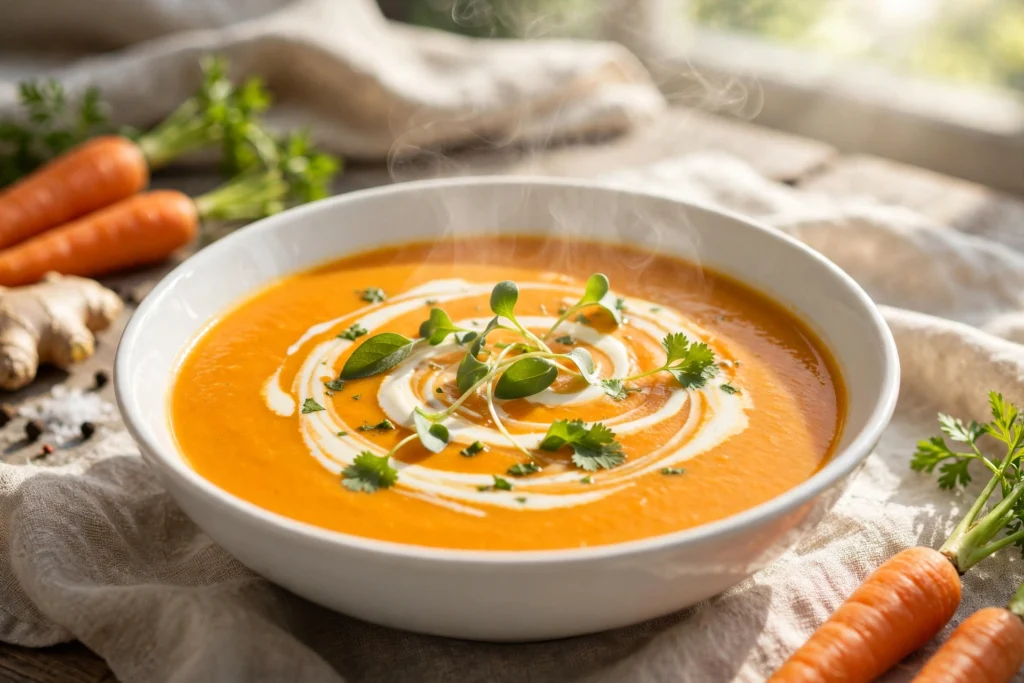 Velouté de la recette soupe carotte servi en bol avec un filet de crème