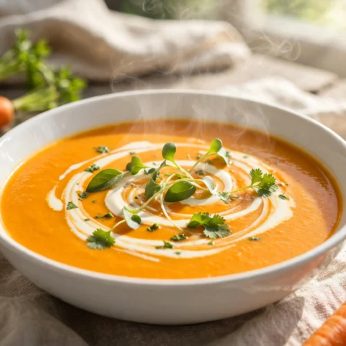 Velouté de la recette soupe carotte servi en bol avec un filet de crème