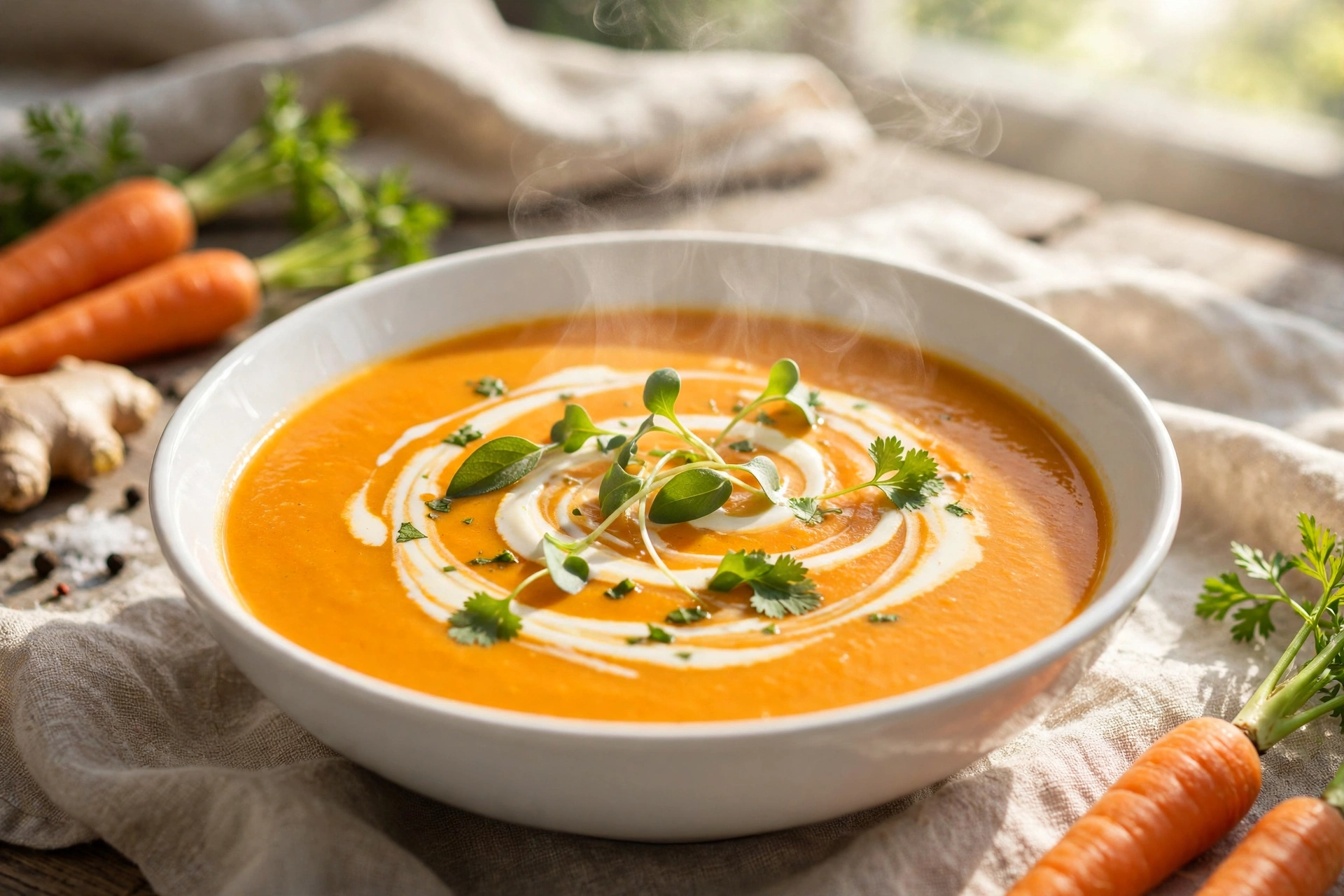 Velouté de la recette soupe carotte servi en bol avec un filet de crème