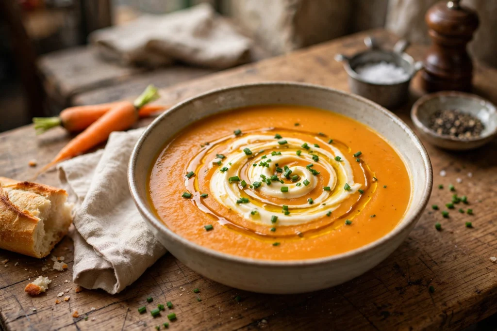 Velouté carotte pomme de terre de la recette soupe carotte pomme de terre, servi en bol
