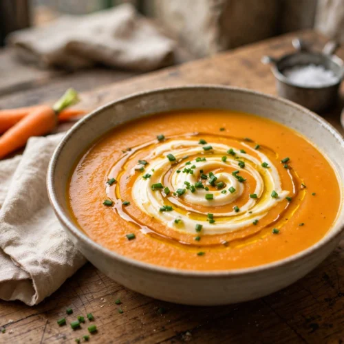 Velouté carotte pomme de terre de la recette soupe carotte pomme de terre, servi en bol