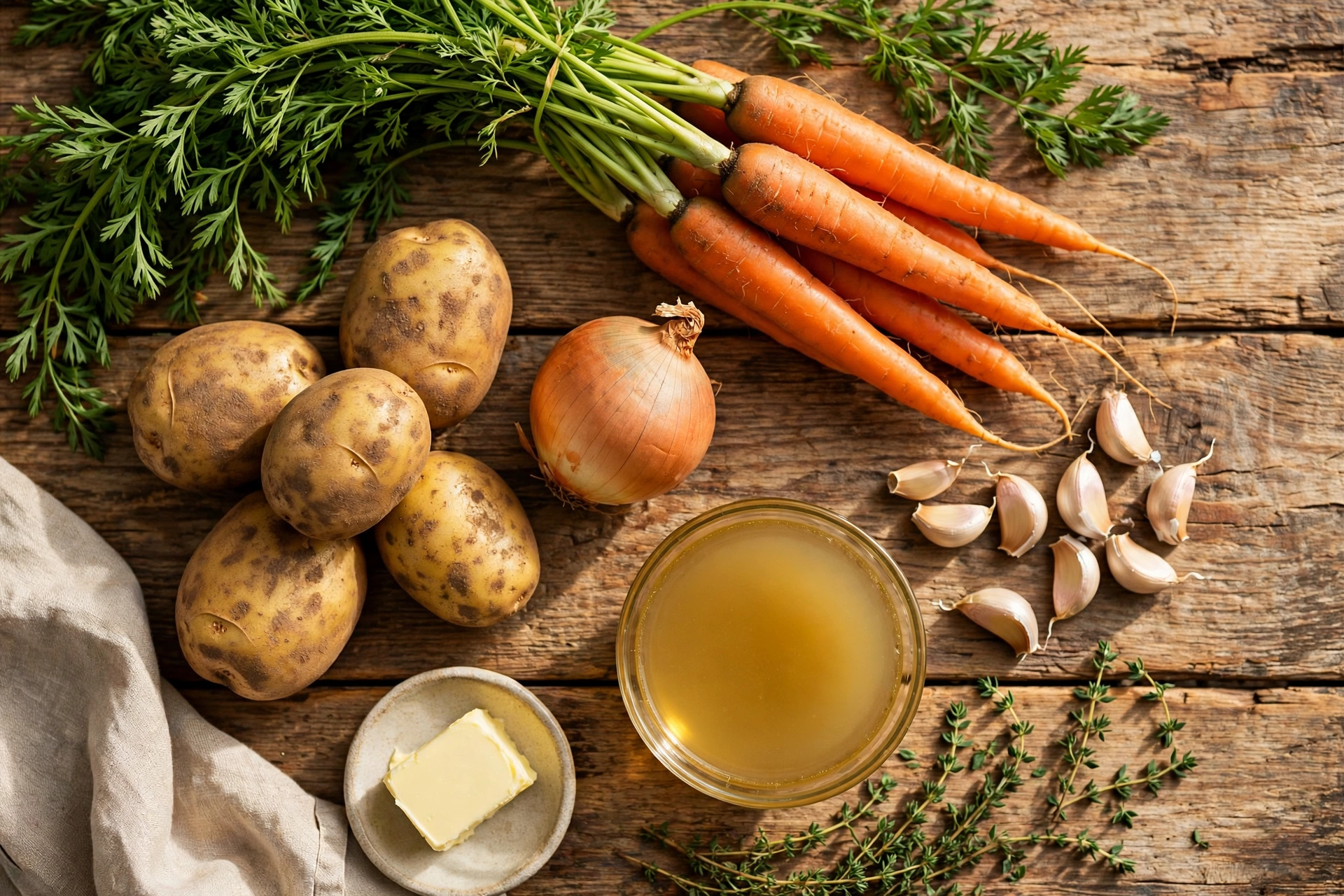 Ingrédients de la recette soupe carotte pomme de terre : carottes, pommes de terre et oignon