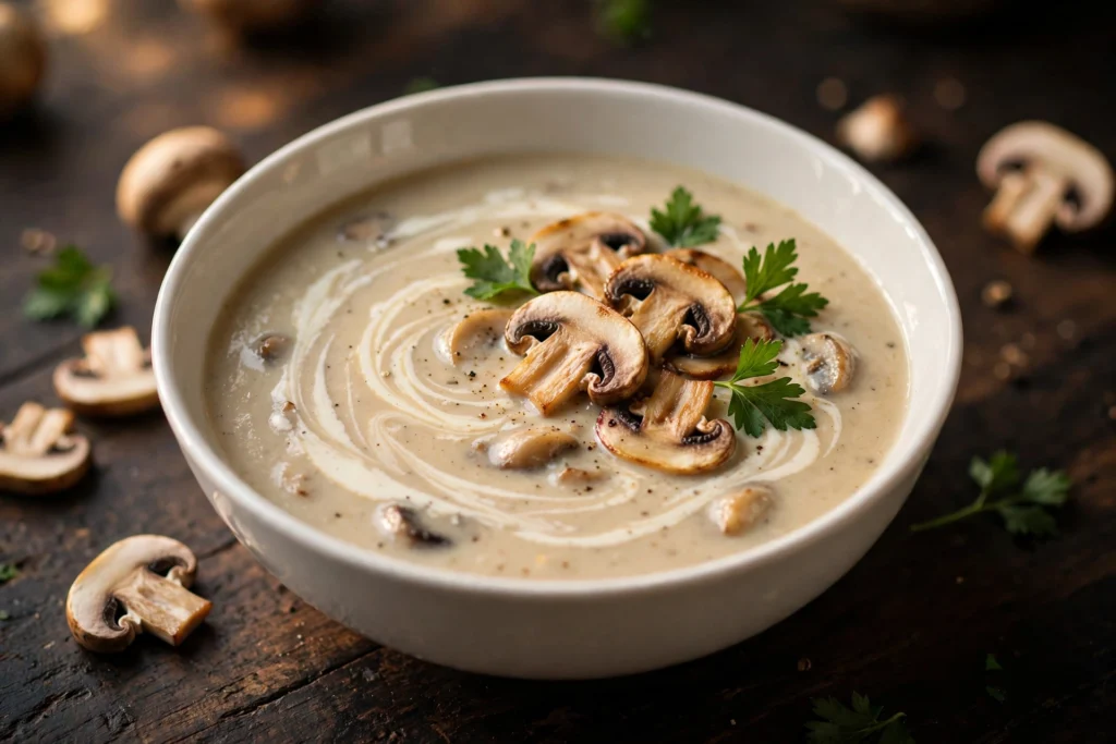 Velouté de la recette de soupe champignon servi en bol