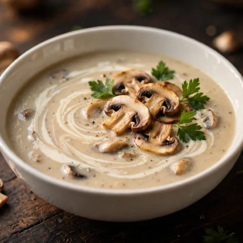 Velouté de la recette de soupe champignon servi en bol