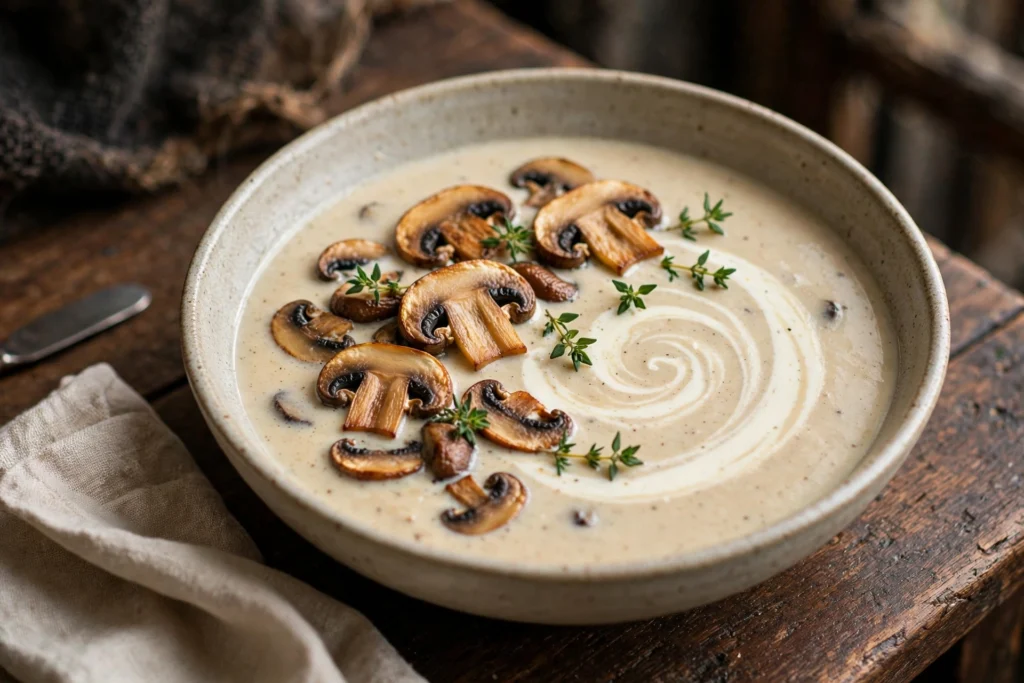 Velouté crémeux aux champignons de la recette soupe champignons de Paris, servi en bol