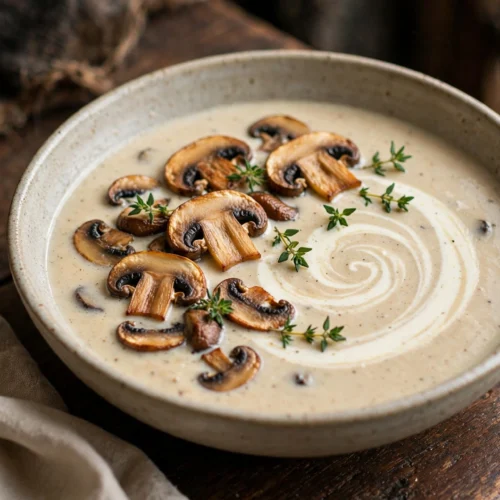 Velouté crémeux aux champignons de la recette soupe champignons de Paris, servi en bol