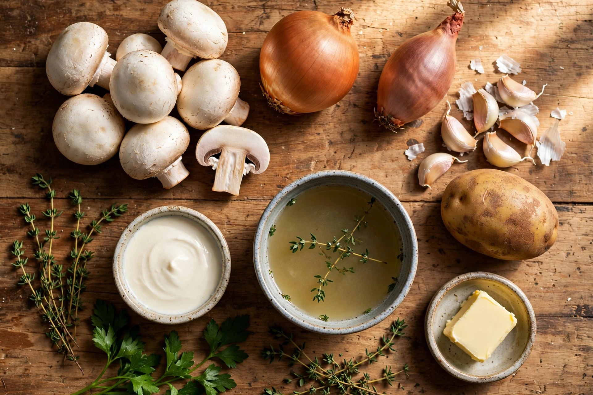 Ingrédients de la recette soupe champignons de Paris : champignons frais, échalote et crème