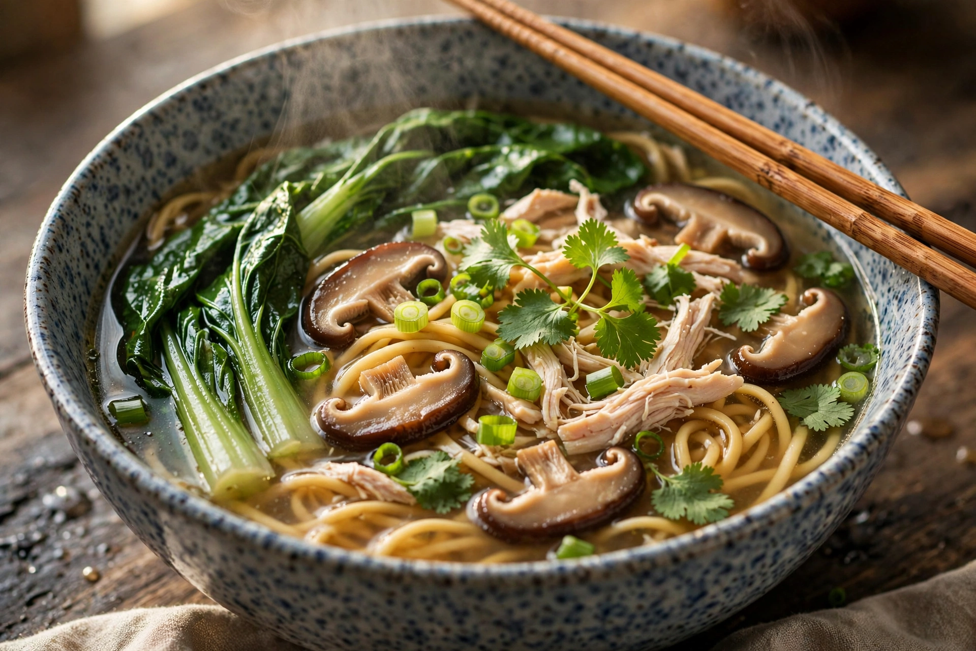 Bol de soupe chinoise aux nouilles fumante