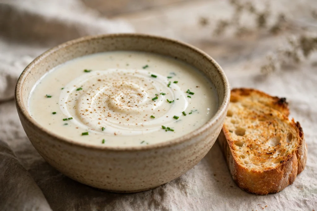 Velouté de la recette soupe chou-fleur servi en bol, crème et muscade