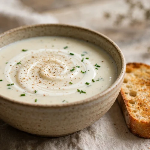 Velouté de la recette soupe chou-fleur servi en bol, crème et muscade