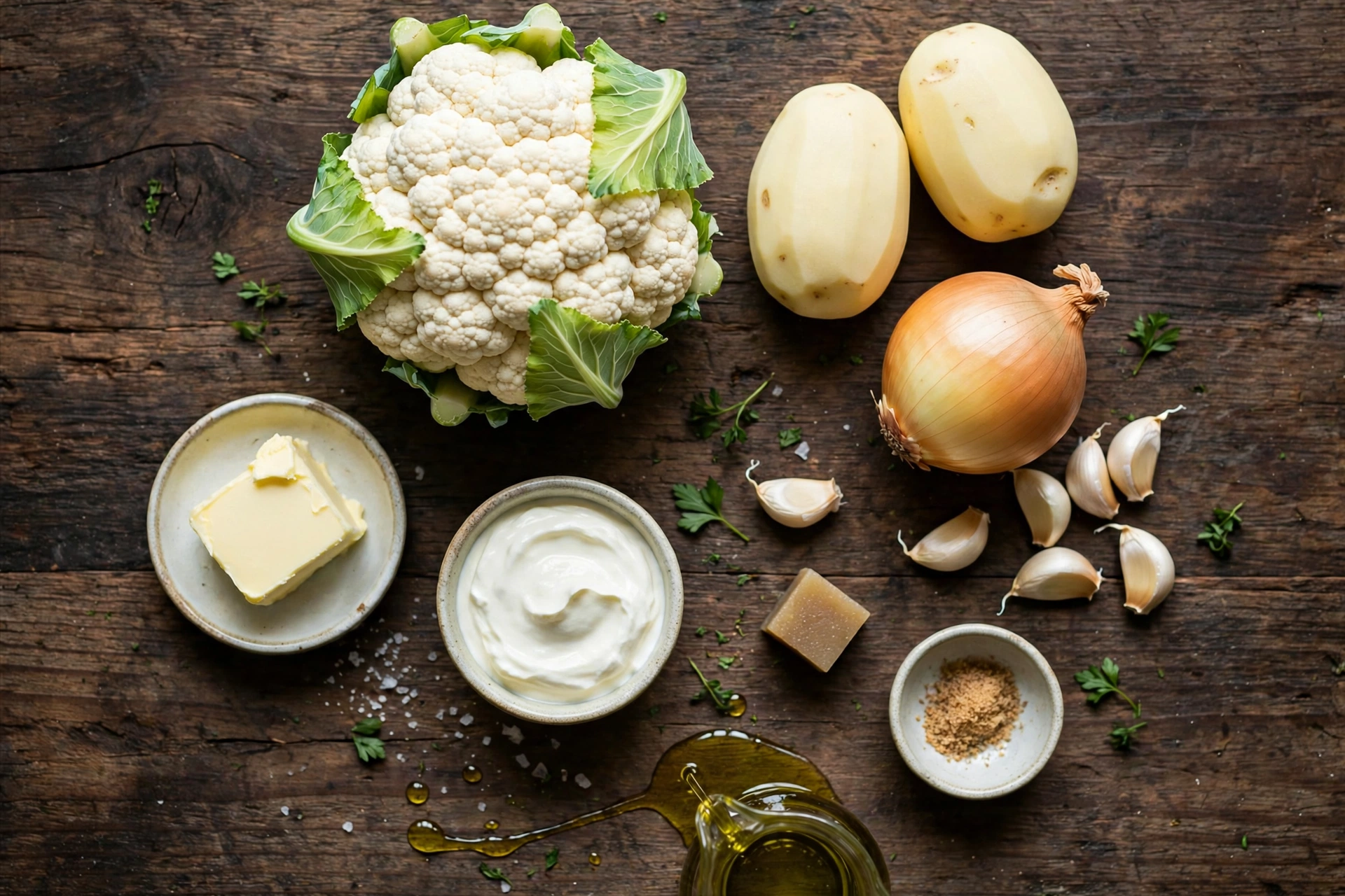 Ingrédients de la recette soupe chou-fleur : chou-fleur frais, pommes de terre, crème et muscade