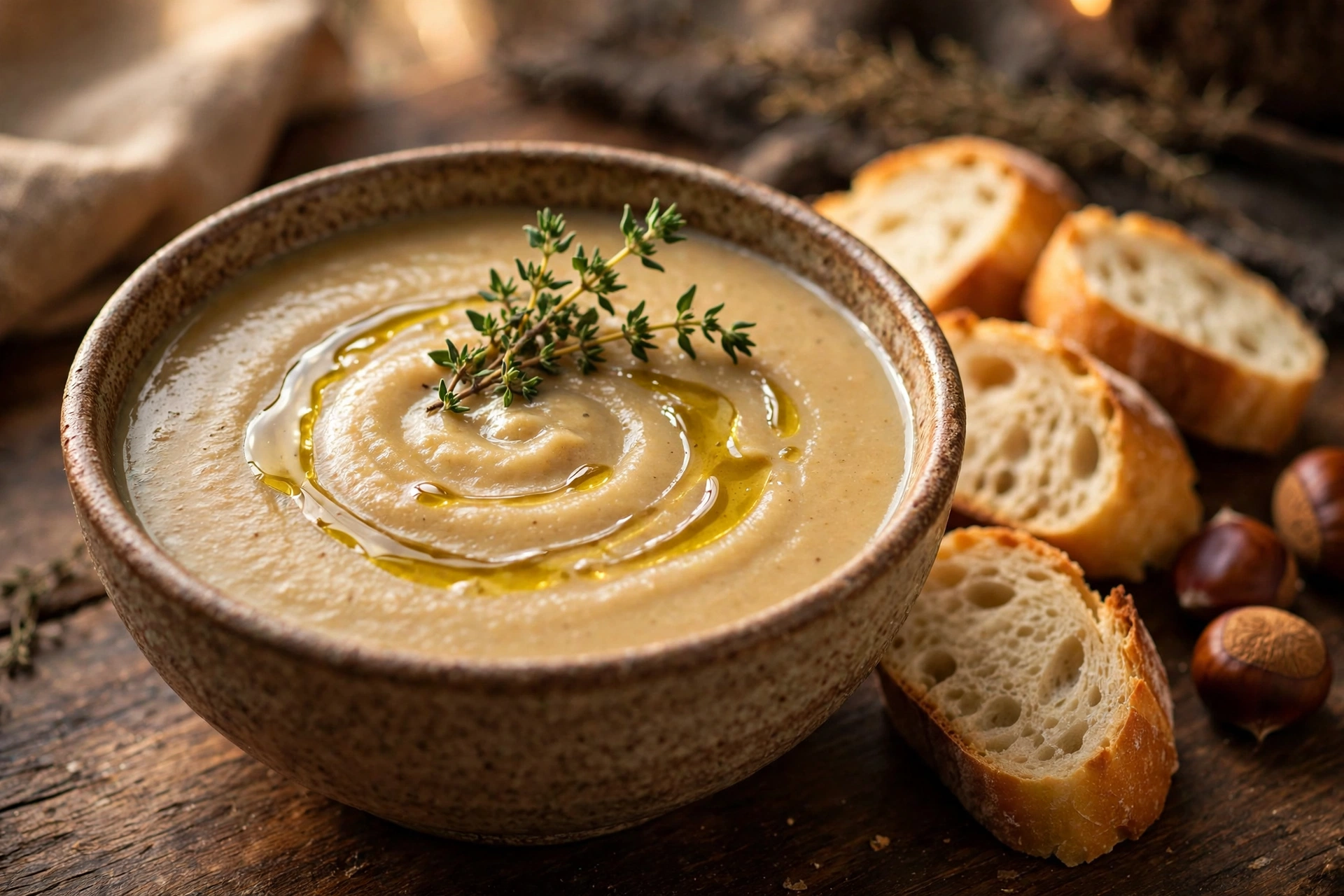 Soupe corse à la châtaigne servie en bol rustique
