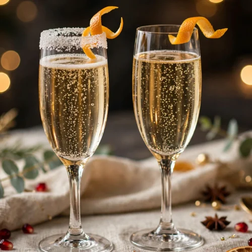 Cocktail soupe de champagne au cointreau servi en flûtes, recette festive