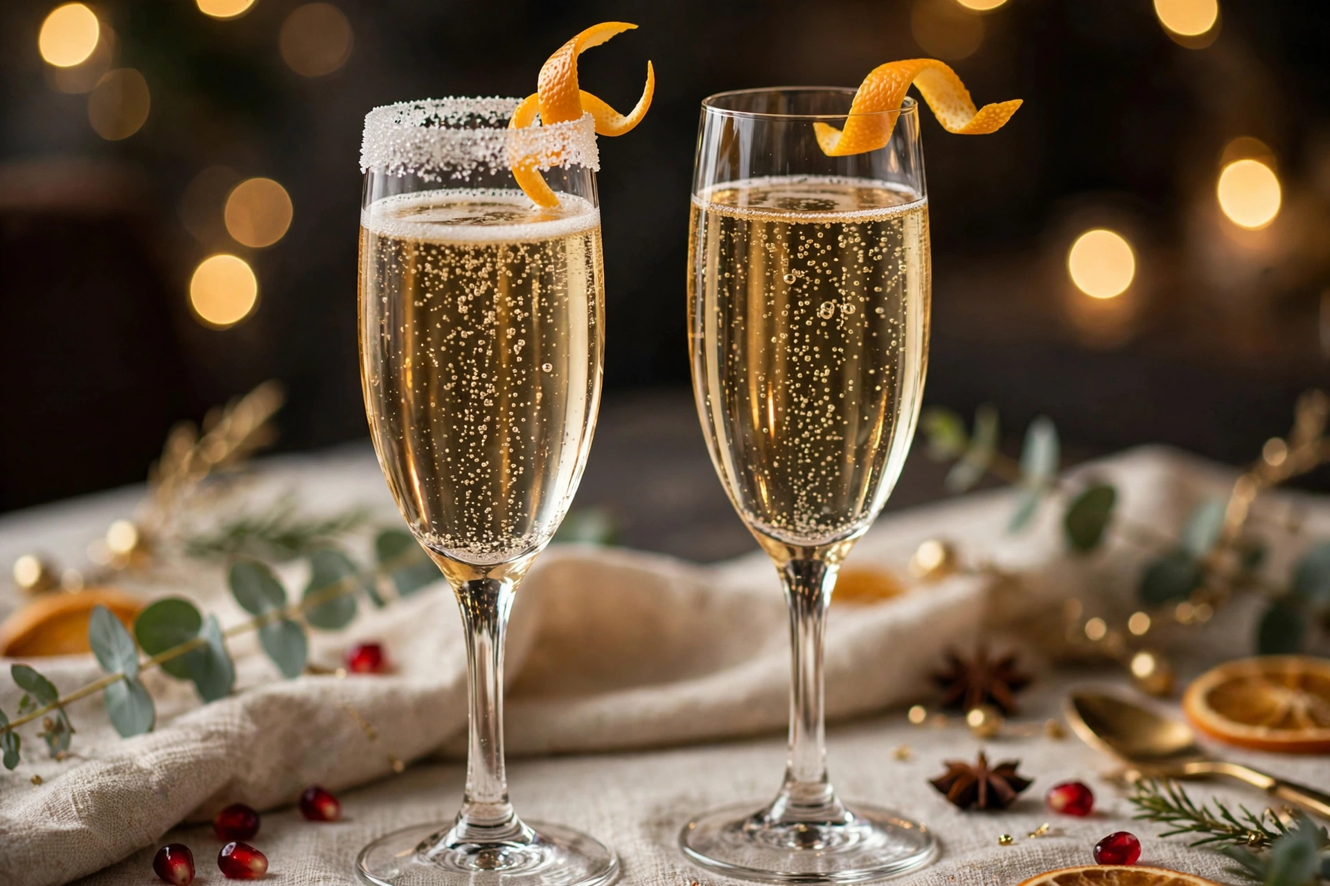 Cocktail soupe de champagne au cointreau servi en flûtes, recette festive