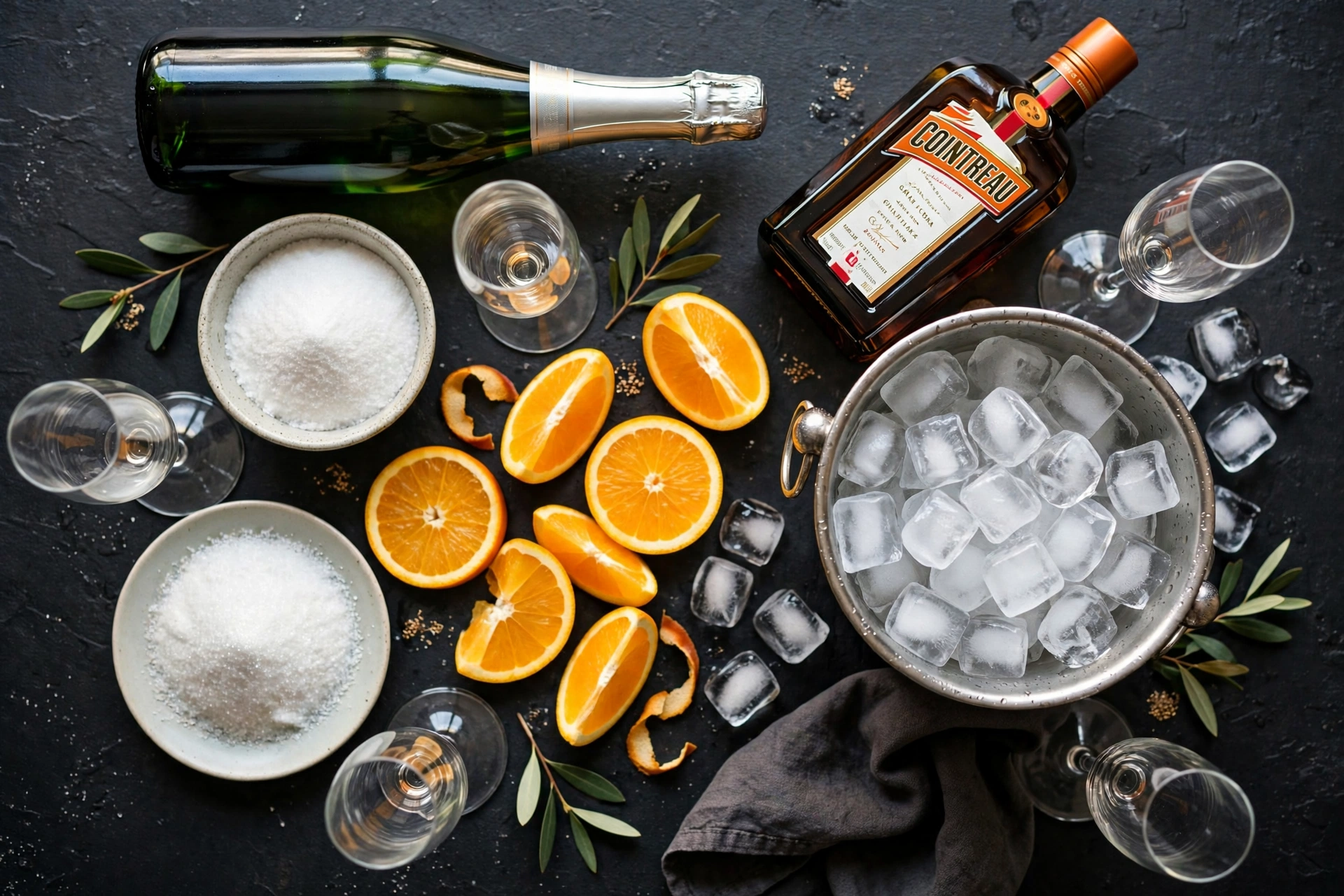 Ingrédients de la recette de soupe de champagne au cointreau, cocktail royal