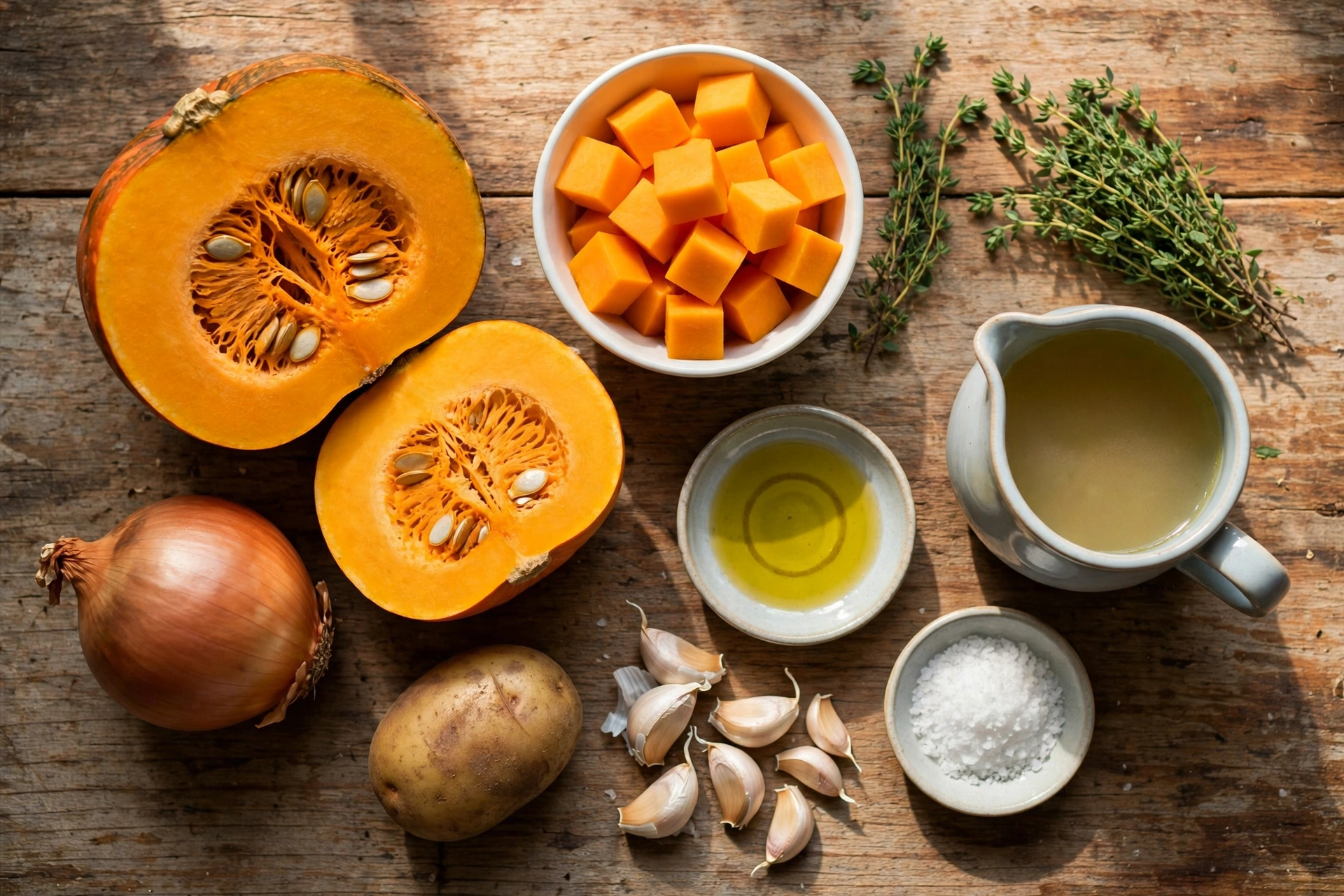 Ingrédients de la recette soupe de courge : courge, oignon, pomme de terre et aromates