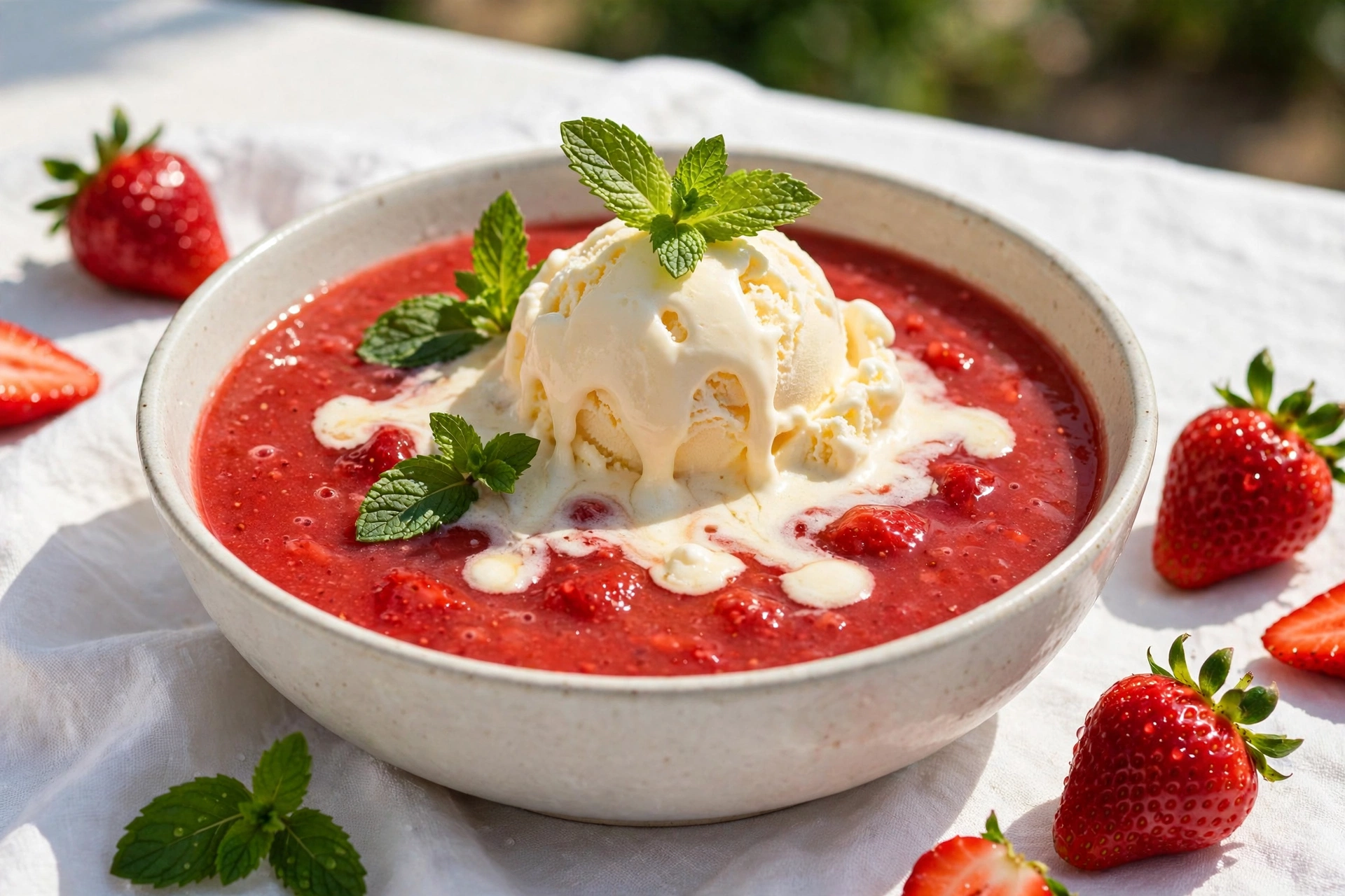 Bol de recette de soupe de fraises dessert à la menthe