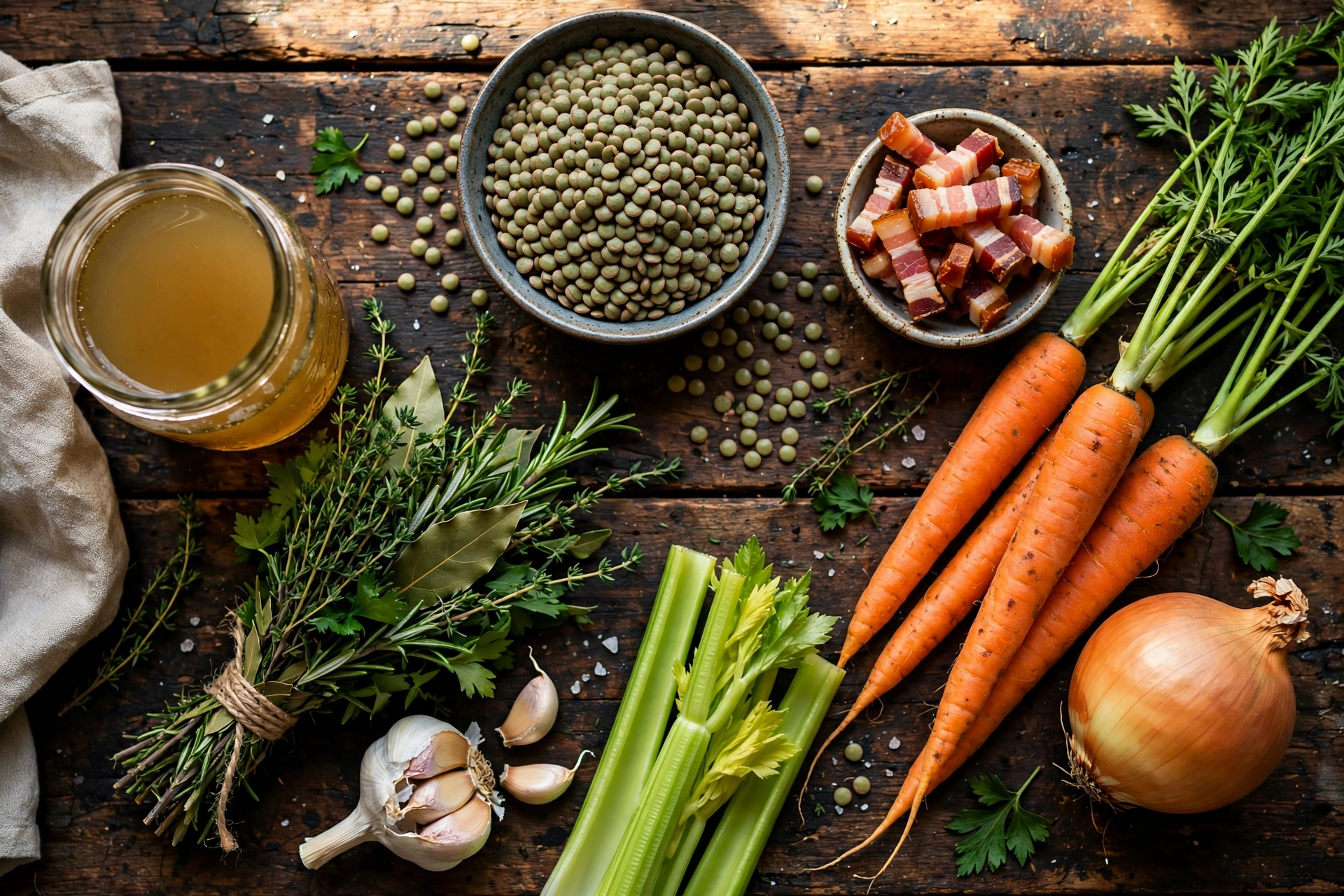 Ingrédients de la recette de soupe de lentilles traditionnelle paysanne