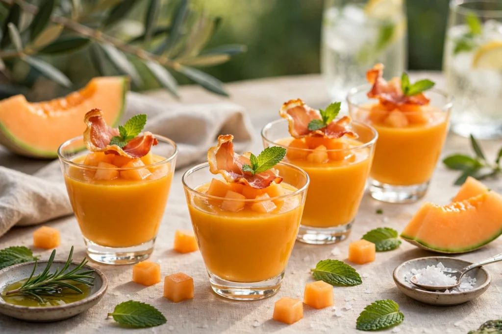 Soupe de melon en apéritif servie en verrines avec chips de jambon cru