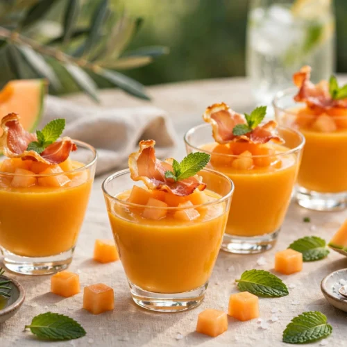 Soupe de melon en apéritif servie en verrines avec chips de jambon cru