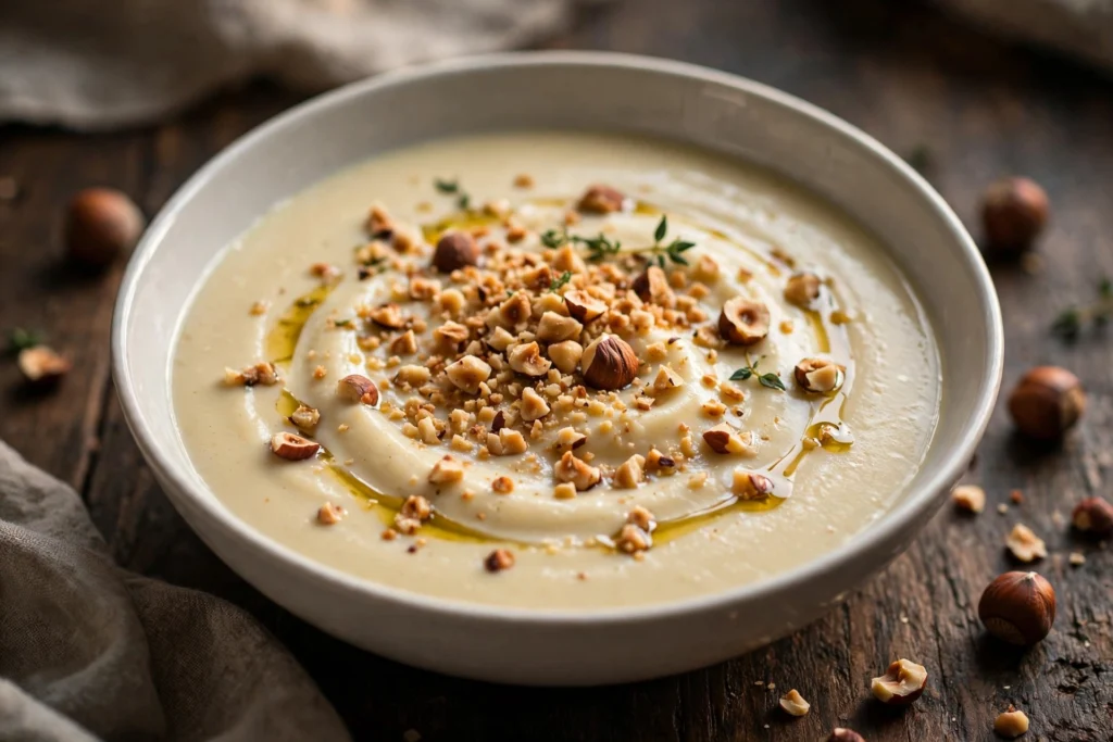 Velouté de panais aux noisettes torréfiées servi en bol