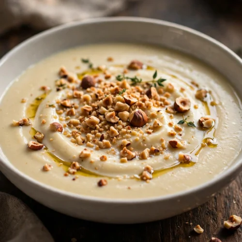 Velouté de panais aux noisettes torréfiées servi en bol