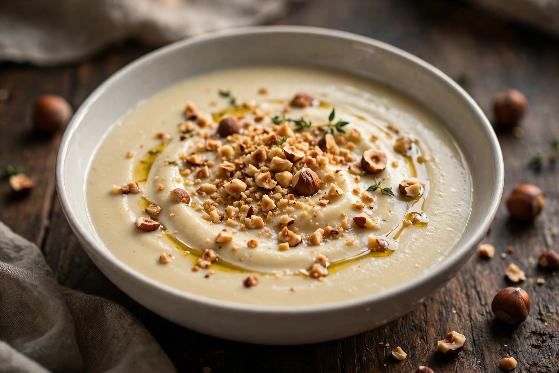 Velouté de panais aux noisettes torréfiées servi en bol