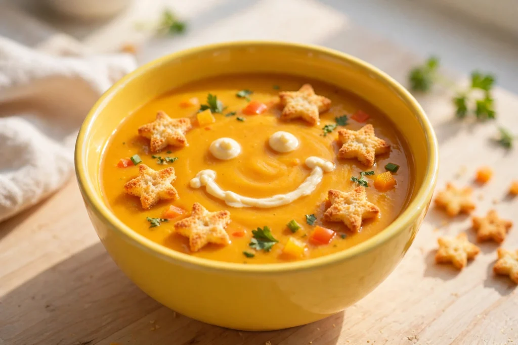 Soupe enfant orangée avec un sourire en crème