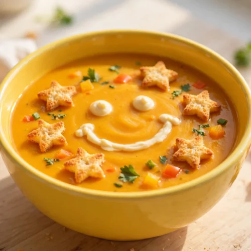 Soupe enfant orangée avec un sourire en crème
