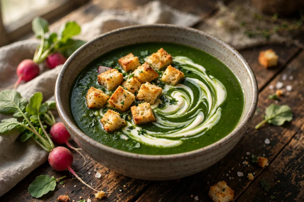 Velouté vert de recette de soupe fanes de radis