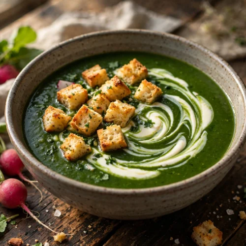 Velouté vert de recette de soupe fanes de radis
