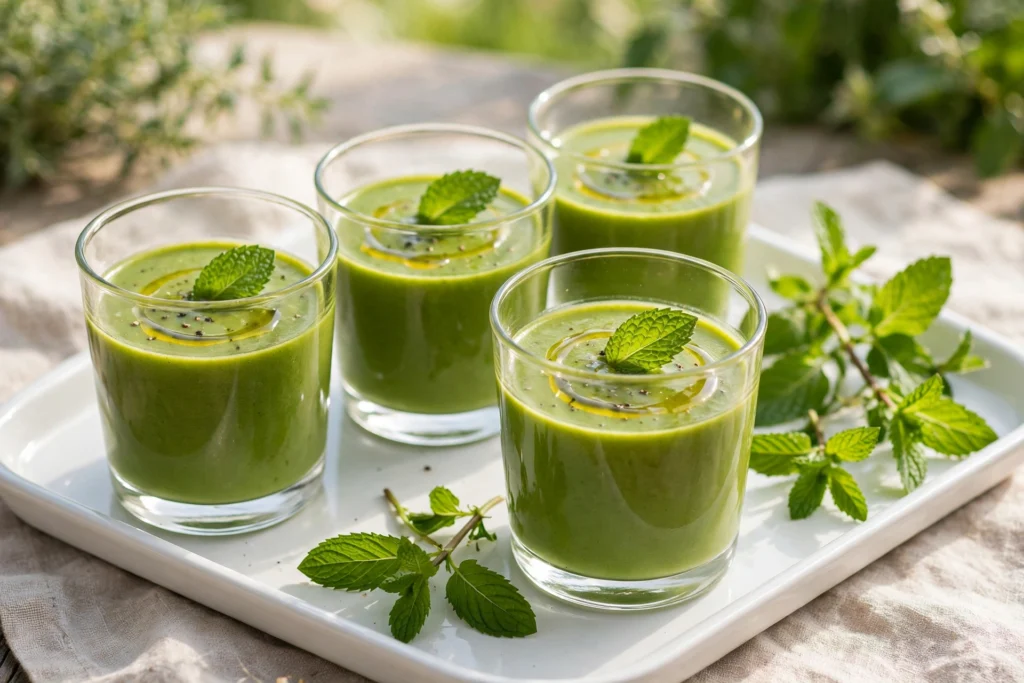 Verrines de recette de soupe froide courgette à la menthe
