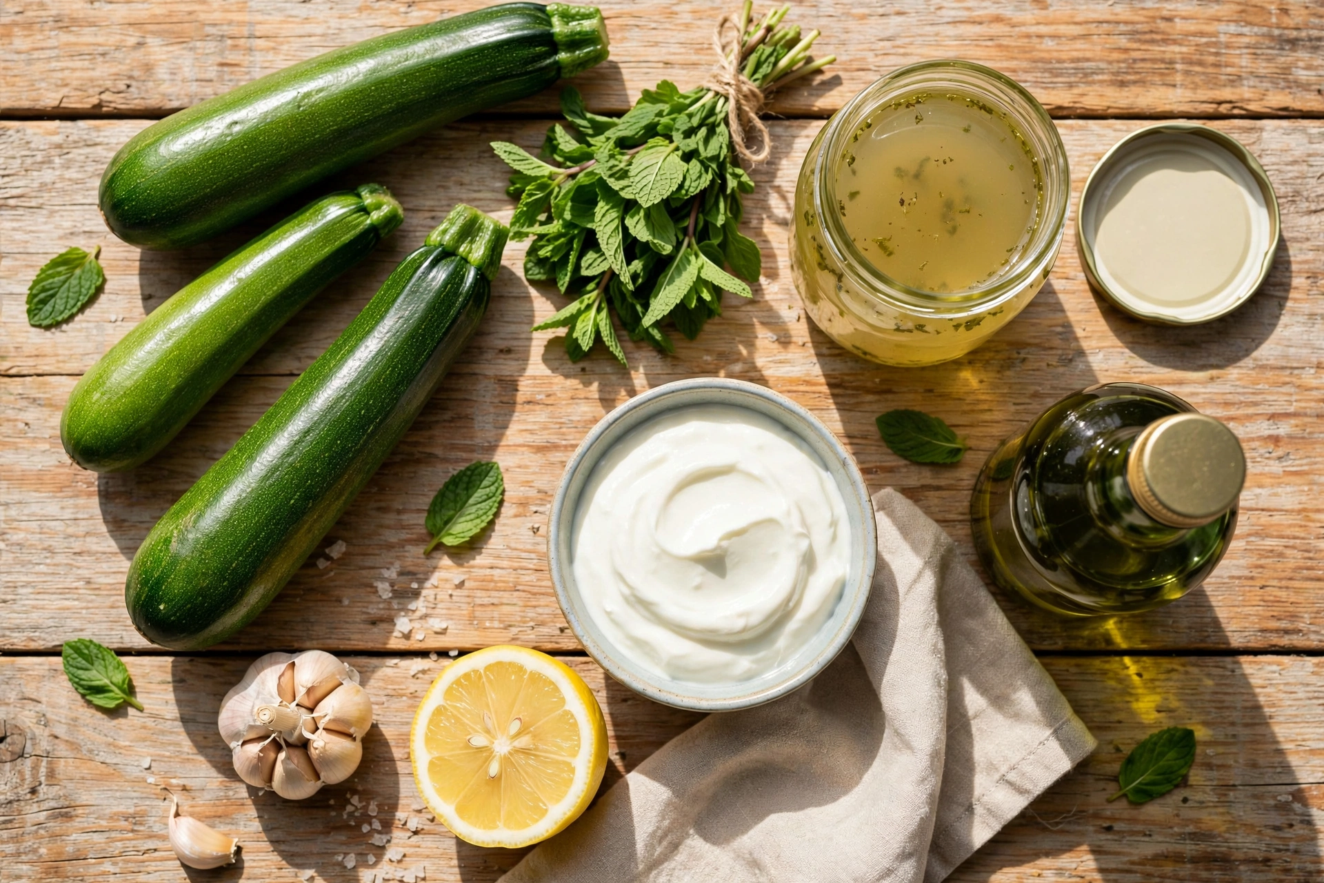 Ingrédients de la recette de soupe froide courgette à la menthe