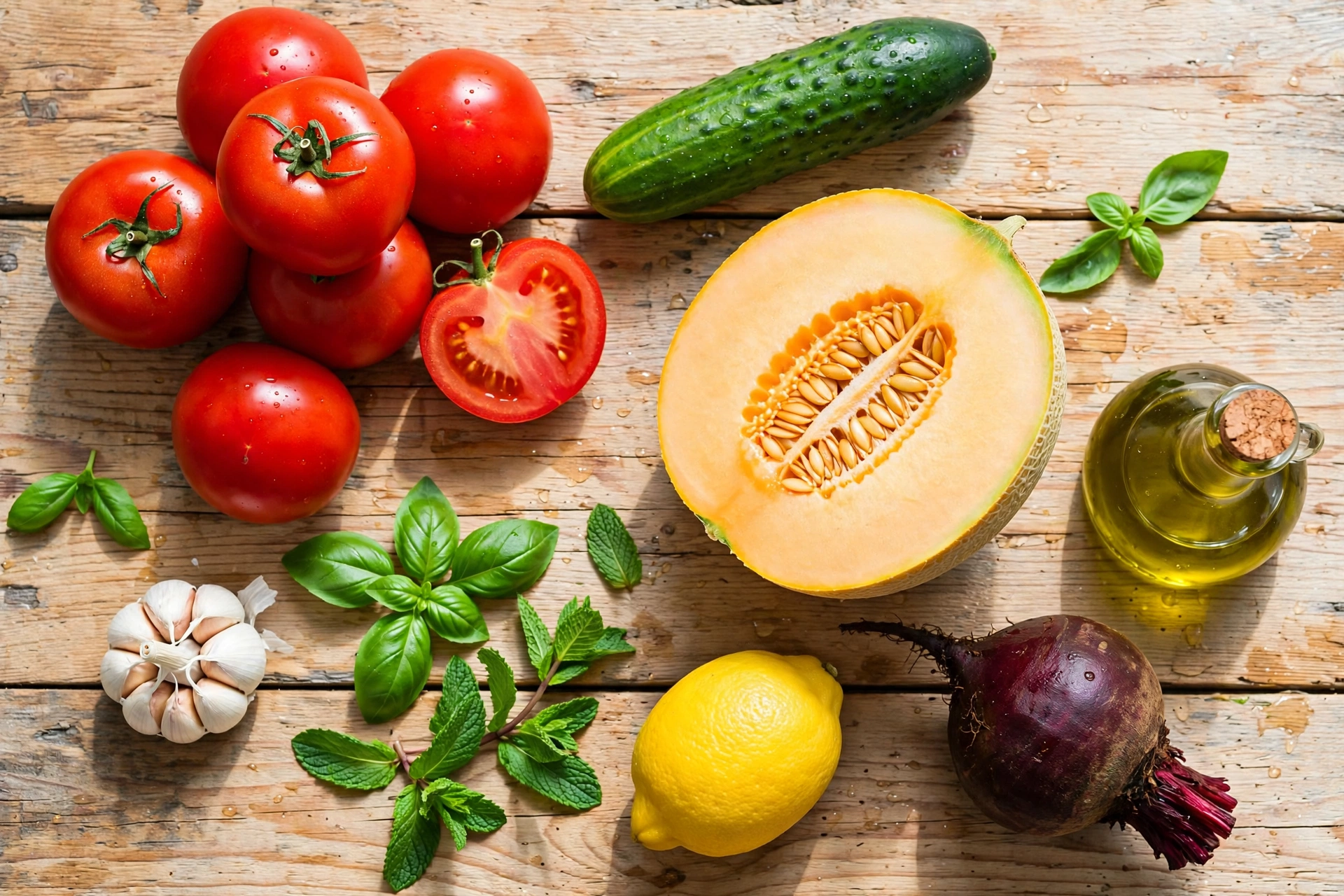 Ingrédients de la recette soupe froide : tomates, concombre, melon et betterave