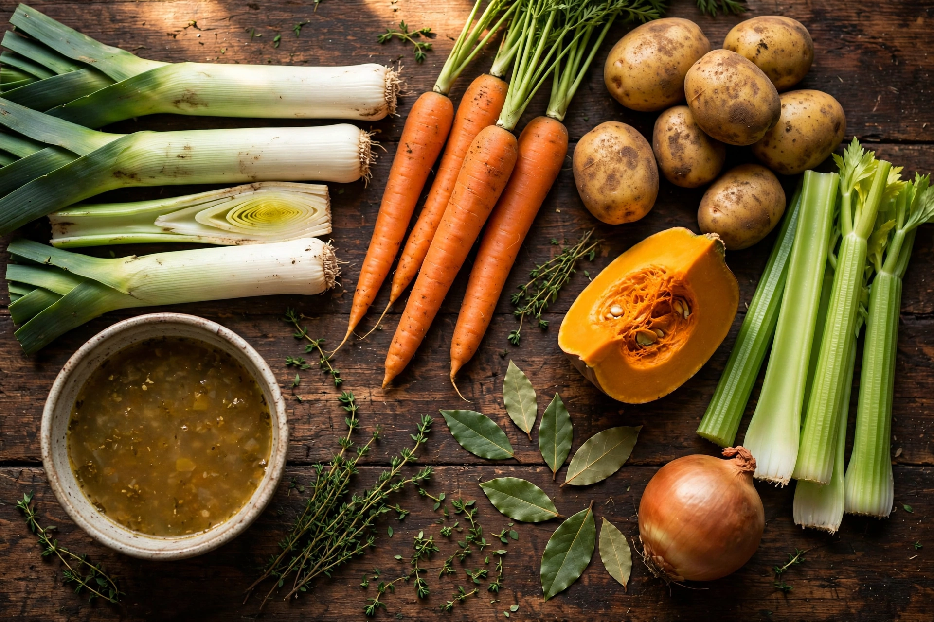 Ingrédients de la recette soupe hiver : poireaux, carottes, pommes de terre et potiron
