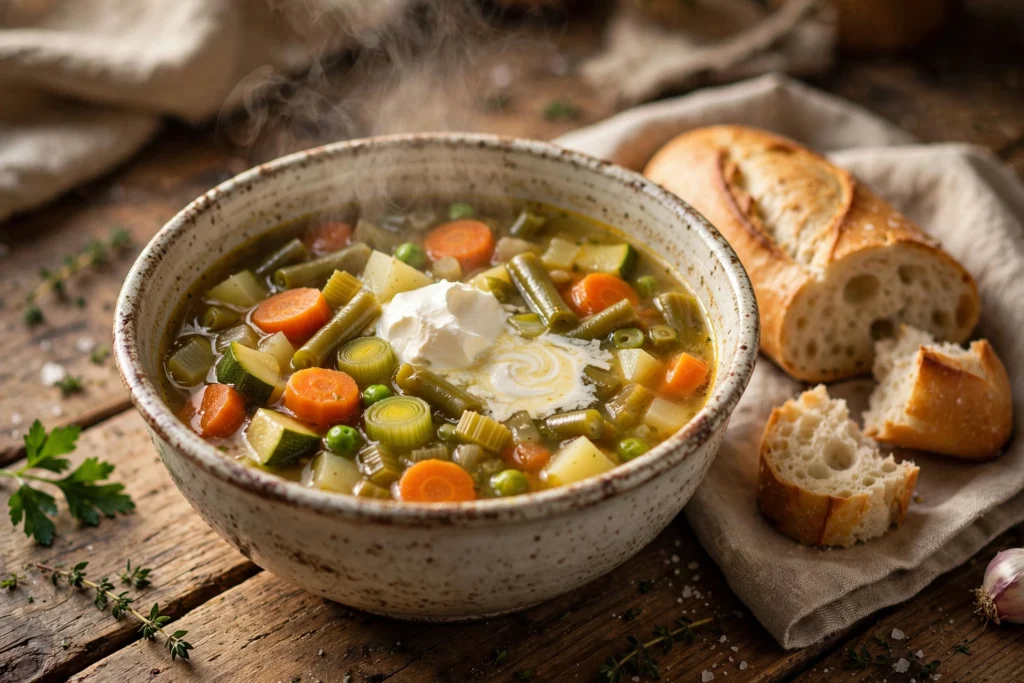 Bol de la recette de soupe légumes grand-mère fumante