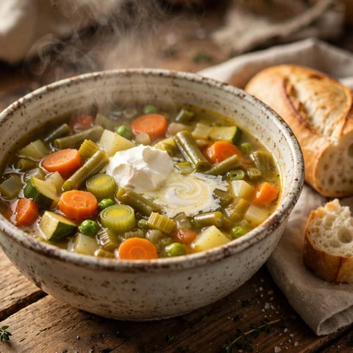 Bol de la recette de soupe légumes grand-mère fumante