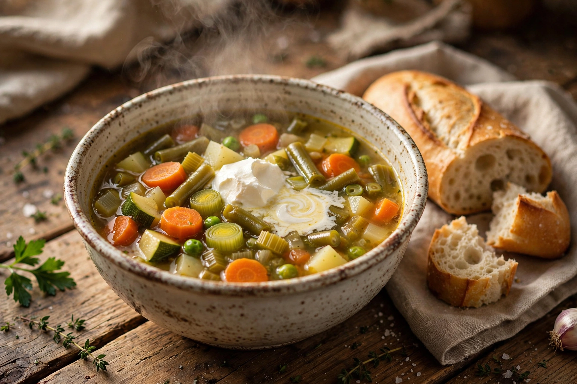 Bol de la recette de soupe légumes grand-mère fumante