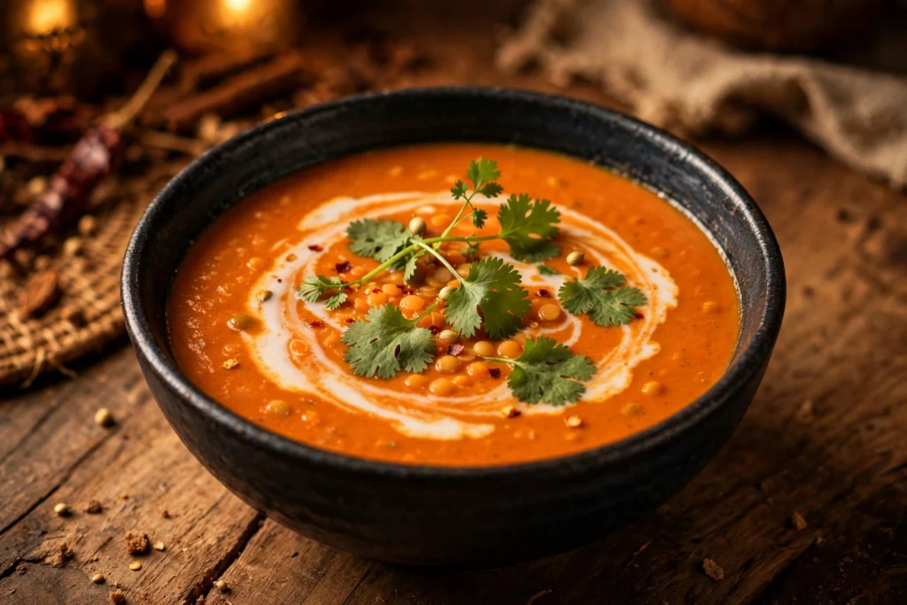 Soupe de lentilles corail au lait de coco servie en bol