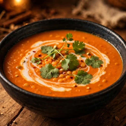 Soupe de lentilles corail au lait de coco servie en bol