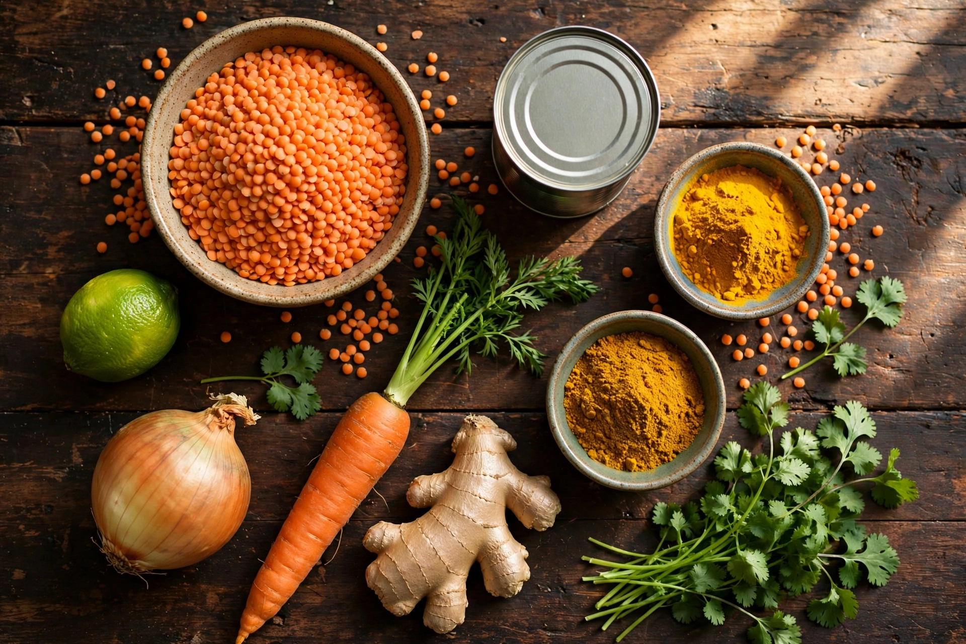 Ingrédients de la recette de soupe lentilles corail au lait de coco