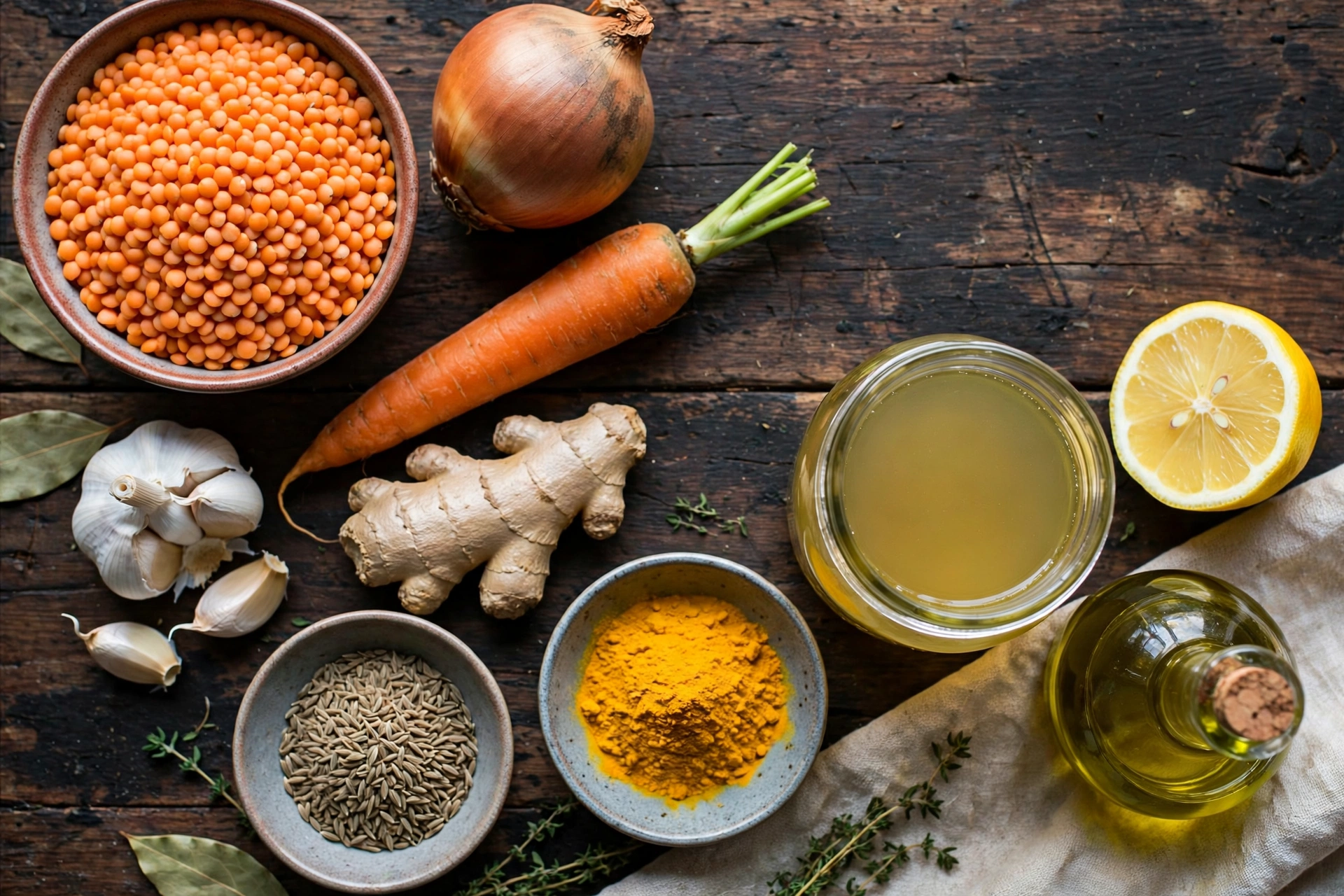 Ingrédients de la recette de soupe lentilles corail aux épices