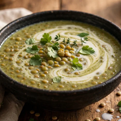 Soupe de lentilles vertes au lait de coco servie en bol