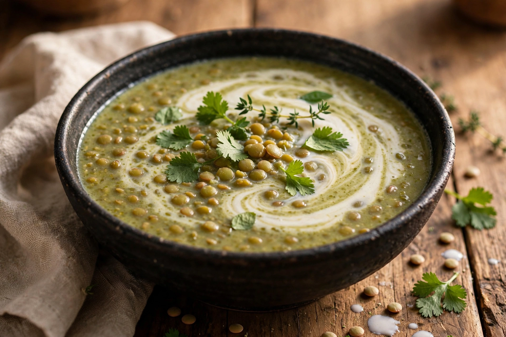 Soupe de lentilles vertes au lait de coco servie en bol