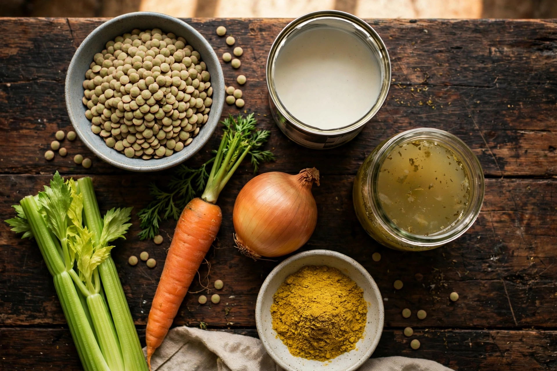 Ingrédients de la recette de soupe lentilles au lait de coco