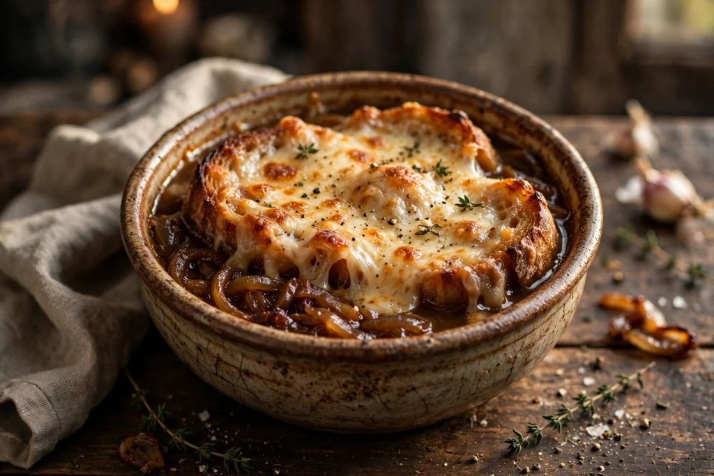 Bol rustique de la recette de soupe à l'oignon à l'ancienne