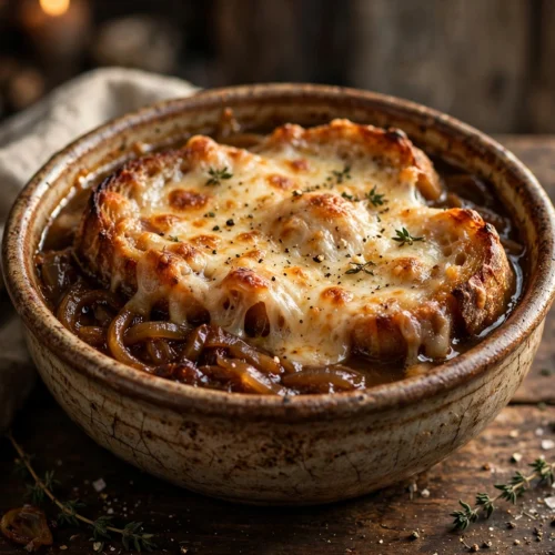 Bol rustique de la recette de soupe à l'oignon à l'ancienne